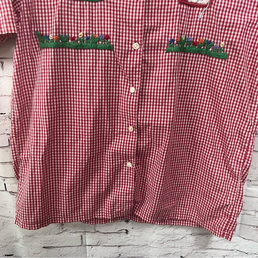 VTG 90s Casey Max Gingham Plaid Embroidered Cat Garden Shirt Red Windows Medium - Picture 7 of 9